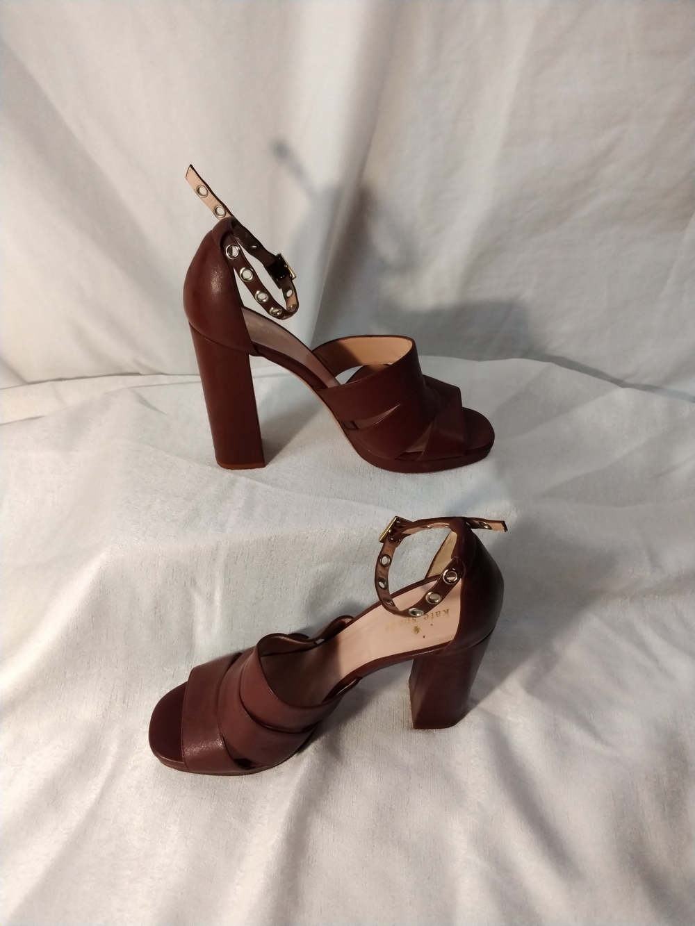kate spade Brown Leather High Block Heel Sandals with Studded Ankle Strap